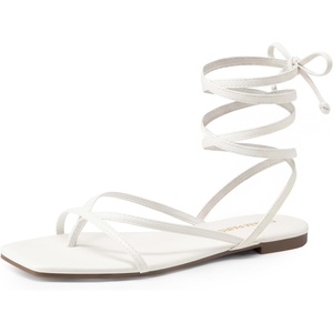 image:imageDREAM PAIRS Womens Strappy Lace Up Summer Flat Sandals  Comfortable Thong Design Gladiator Dressy Square Toe Tie Up Sandals for Walking Beach Vocation City Walks TravelWhite