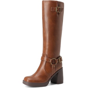 image:imageDREAM PAIRS Womens Platform Chunky Knee High Boots  356 Block Heel with Platform Square Toe Zipper Buckles Moto Biker Style Comfortable 5mm PU Foam Nonslip TPR OutsoleLight Brown