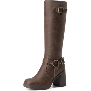 image:imageDREAM PAIRS Womens Platform Chunky Knee High Boots  356 Block Heel with Platform Square Toe Zipper Buckles Moto Biker Style Comfortable 5mm PU Foam Nonslip TPR OutsoleBrownnubuck