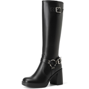 image:imageDREAM PAIRS Womens Platform Chunky Knee High Boots  356 Block Heel with Platform Square Toe Zipper Buckles Moto Biker Style Comfortable 5mm PU Foam Nonslip TPR OutsoleBlack