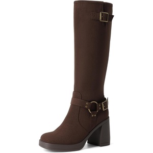 image:imageDREAM PAIRS Womens Platform Chunky Knee High Boots  356 Block Heel with Platform Square Toe Zipper Buckles Moto Biker Style Comfortable 5mm PU Foam Nonslip TPR OutsoleBrownsuede