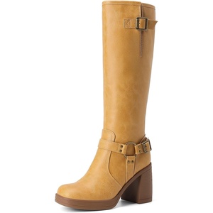 image:imageDREAM PAIRS Womens Platform Chunky Knee High Boots  356 Block Heel with Platform Square Toe Zipper Buckles Moto Biker Style Comfortable 5mm PU Foam Nonslip TPR OutsoleYellow